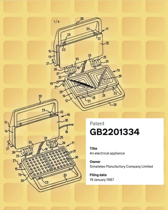 An image of a waffle with patent drawing for GB2201334. Text reads Patent GB2201334, Title
An electrical appliance, Owner
Simatelex Manufactory Company Limited, Filing date 19 January 1987