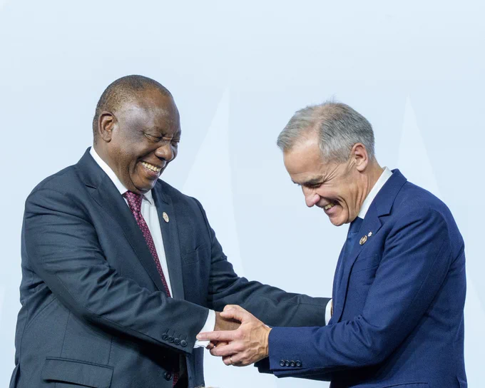 Prime Minister Carney is greeted by President Ramaphosa at the G20 Summit in Johannesburg, South Africa.