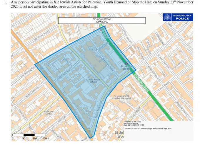 A map showing conditions imposed on a protest planned in St John's Wood this afternoon.