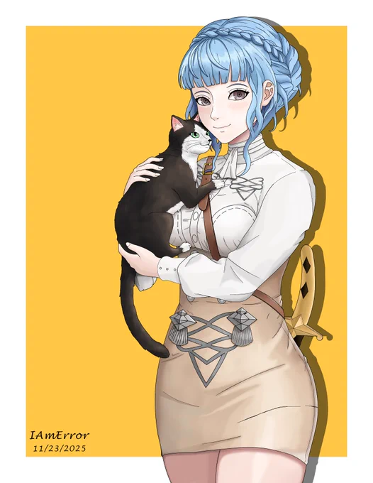 Marianne von Edmund from Fire Emblem: Three Houses wearing Garreg Mach Monastery's Summer Wear uniform while greatly enjoying holding a friendly tuxedo cat.