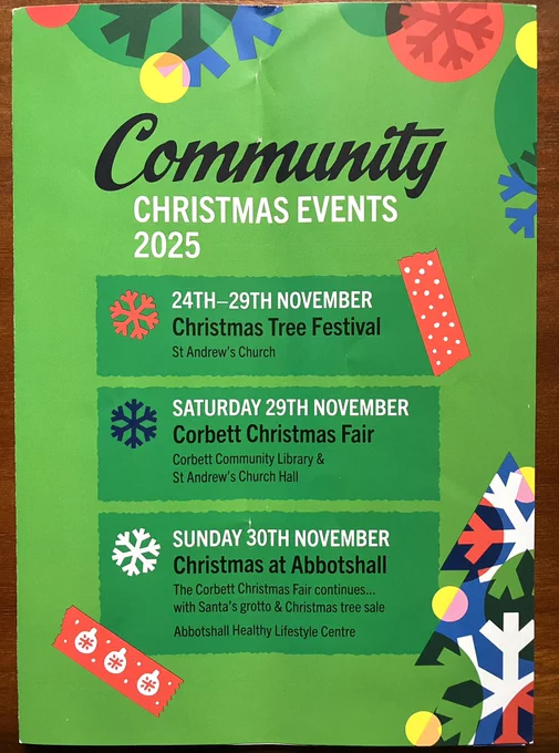 Page one of the leaflet of Corbett Community Christmas events 2025 lists the Christmas Tree Festival, the Corbett Christmas Fair, and Christmas at Abbotshall.