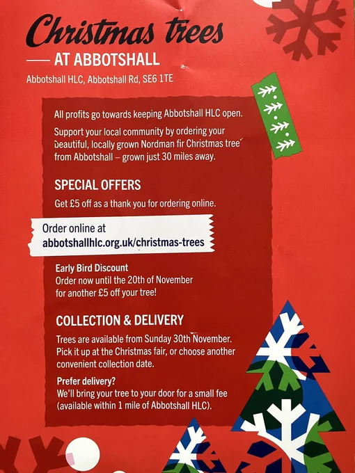 The fourth and final page of the leaflet sets out how to order a Christmas Tree from Abbotshall Healthy Lifestyle Centre.

Order online at Abbotshallhlc dot org forward slash Christmas hyphen trees

abbotshallhlc.org.uk/christmas-trees