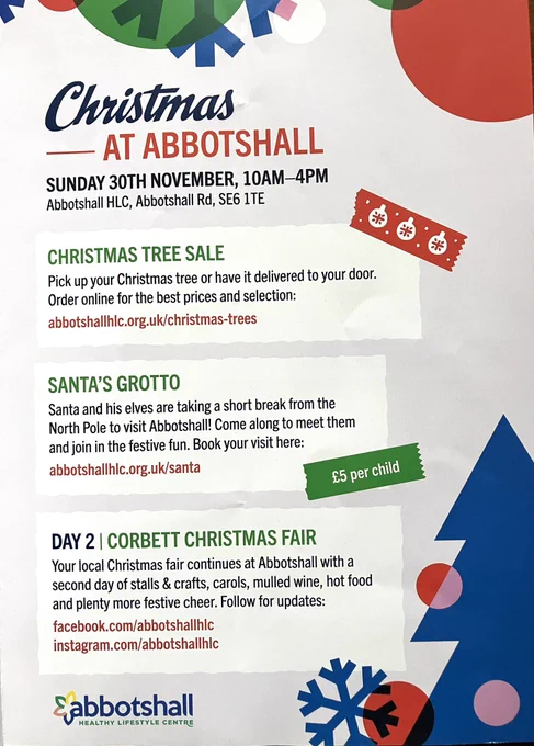 The third page of the leaflet details Christmas at Abbotshall on Sunday 30 November from 10am to 4pm including Santa’s Grotto, and Christmas Tree Sales.