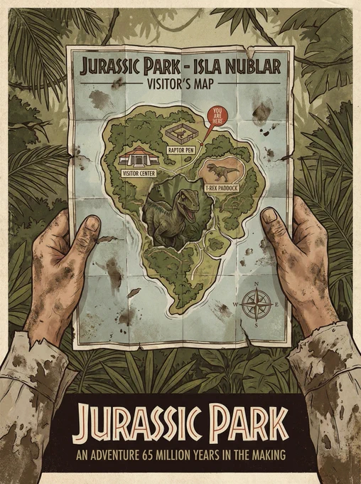 A highly detailed illustrated movie poster for the original Jurassic Park movie showing the map of Isla Nublar as a visitor's map for the park held by muddy and injured hands with torn shirt, a hole in the middle of the map revealing a raptor stalking in the background and looking at the camera ready to pounce