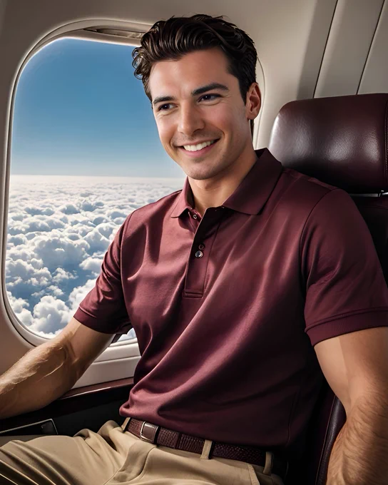 Michael Allen flies to Colorado, hopeful and excited for a week that could redefine his future—with Cindi and ClearStream.

Michael Allen sits in a window seat on a commercial airplane en route to Colorado, smiling as sunlight pours through the window beside him. He wears a maroon polo shirt and khaki pants, looking relaxed and hopeful. Outside the window, bright white clouds stretch across the sky beneath a deep blue horizon. The soft cabin lighting highlights Michael’s clean-shaven face and neatly styled dark hair. This image captures Michael Allen traveling to visit Cindi Curtis in Colorado, reflecting excitement, warmth, and the next step in their developing relationship.
