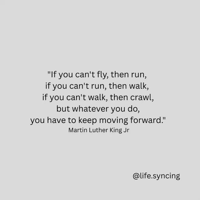 If you can't fly, then run, if you can't run, then walk, if you can't walk, then crawl, but whatever you do, you have to keep moving forward.  Martin Luther King Jr.
@life.syncing