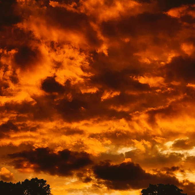 A sea of clouds, some almost black, glow orange in the sunset.