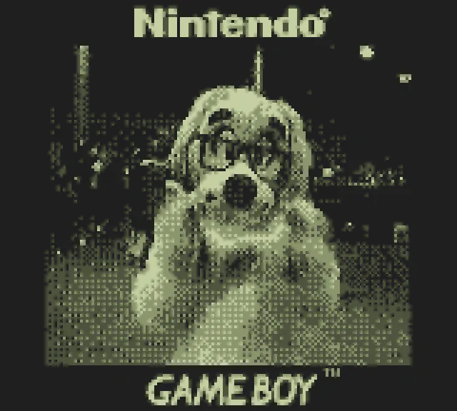 A picture of a dog fursuit taken on a Gameboy camera
