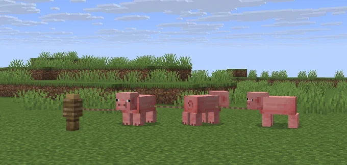 Three pigs chained together by leads and attached to a fence post in Minecraft