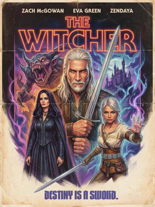 Nano Banana Pro, prompt: A retro illustrated 80s movie poster for Witcher movie with Zach McGowan as Geralt with white hair and beard, Yennefer played by Eva Green, Ciri played by Zendaya with ashen hair and green eyes. Refined and retouched in Photoshop and upscaled in Magnific (4x Precision v2 sublime).