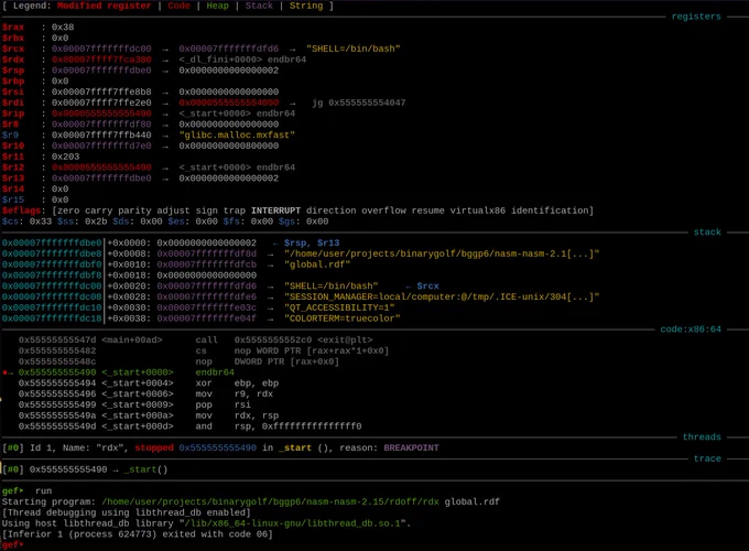 gdb executing the rdx binary with the global.rdf file as the argument, returning 6 and exiting