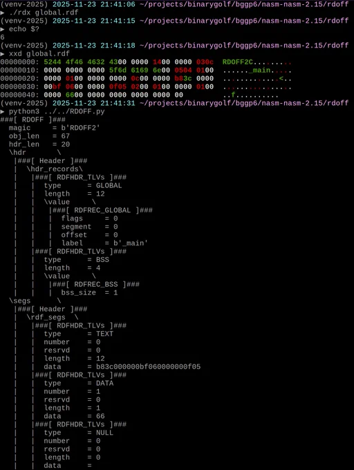 screenshot of a terminal with the rdx binary running global.rdf checking the return value, a hex dump of the file, and the output of the generator script that built it