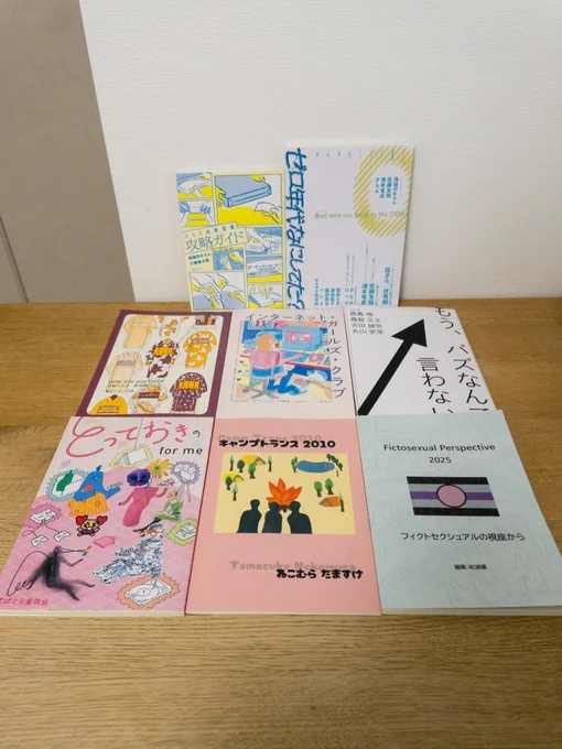 文学フリマでの購入物を並べて撮った写真。

『とっておきのfor me』
猫村たますけ『キャンプトランス2010』
『Fictosexual Perspective 2025』
『une vie parfaite 完璧な生活　着物編』
『インターネット・ガールズ・クラブ』
『もう、バズなんて言わない』
『ひとり出版流通攻略ガイド』
『エリーツ12：ゼロ年代なにしてた？』