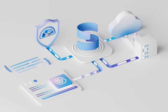 Microsoft security and cloud integration concept featuring shield, cloud, and server icons