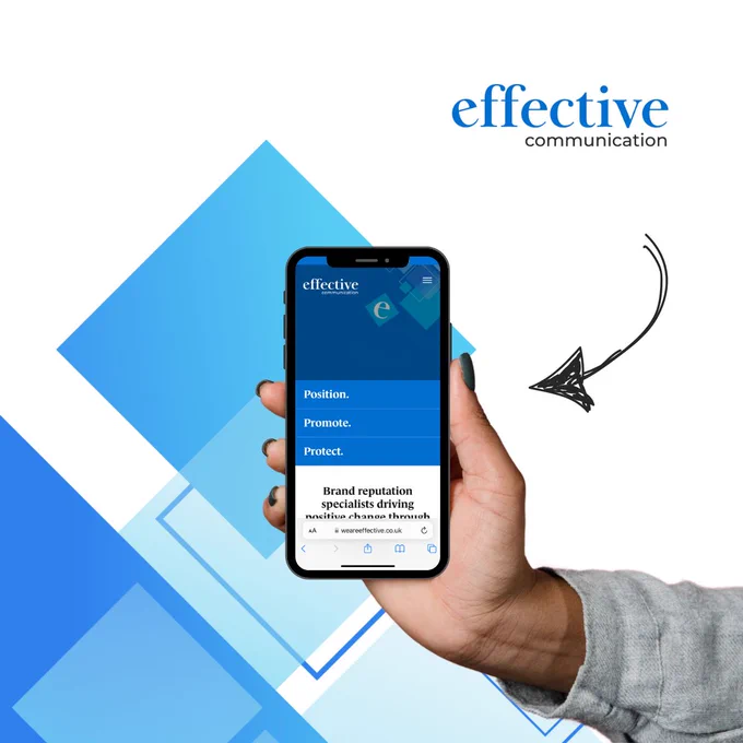 A hand holding a phone with the Effective website pictured on it. There is an arrow pointing to the phone. 