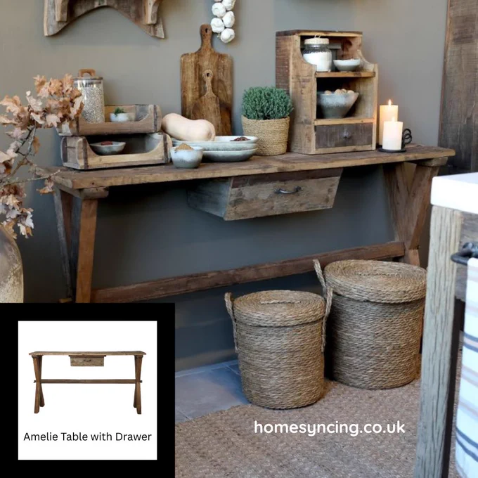 Amelie Recycled Repurposed Table with Drawer.  Dressed with candles and plants and chopping boards. 
homesyncing.co.uk