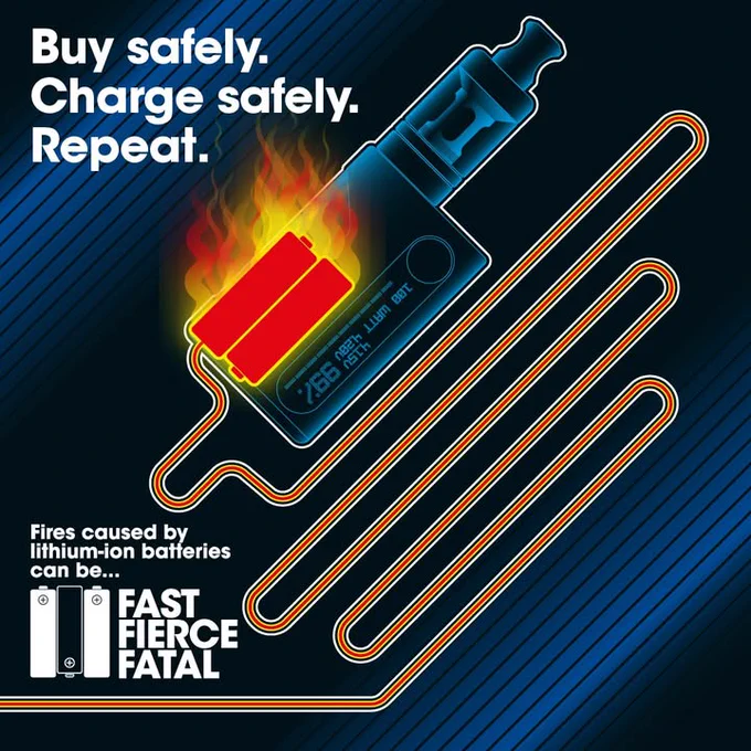 Promotional graphic highlighting the risks of lithium-ion batteries with the tagline: 'Buy safely. Charge safely. Repeat.' Features an illustration of a lithium-ion battery in a vape. Text warns that fires caused by these batteries can be 'Fast, Fierce, Fatal.'