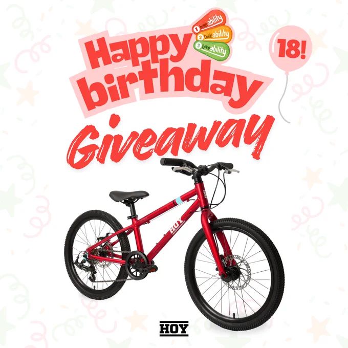 Red kid's bike giveaway celebrating an 18th birthday with festive confetti and balloon graphics.