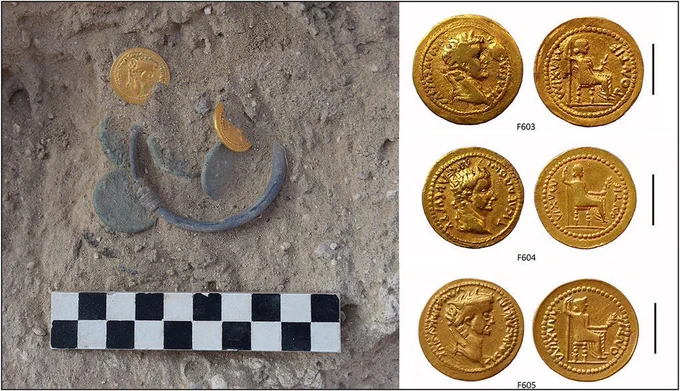 Left: four green-coloured bronze coins, two gold coins and a silver bracelet in situ. Right: three gold coins with embossed designs on both sides.