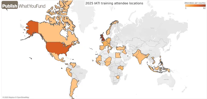 heat map of country locations of attendees for Publish What You Fund’s training in using International Aid Transparency Initiative data.