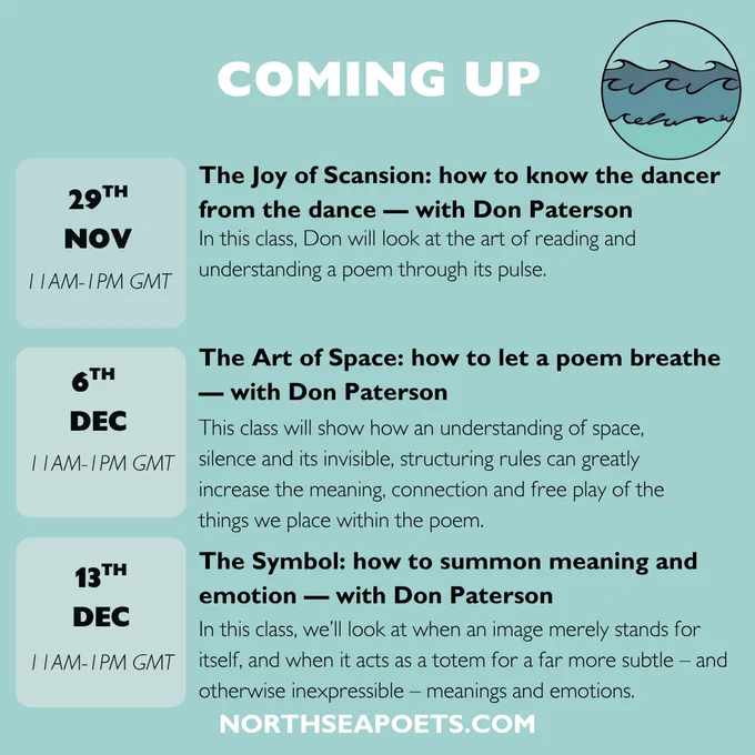 A description of upcoming North Sea Poets events set against a light teal background. The North Sea Poets logo is in the top right corner.