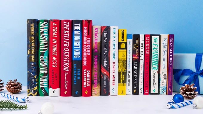 A photograph of seventeen books, lined up spine facing out, surrounded by Christmassy objects such as pine cones, candy canes and a wrapped present.