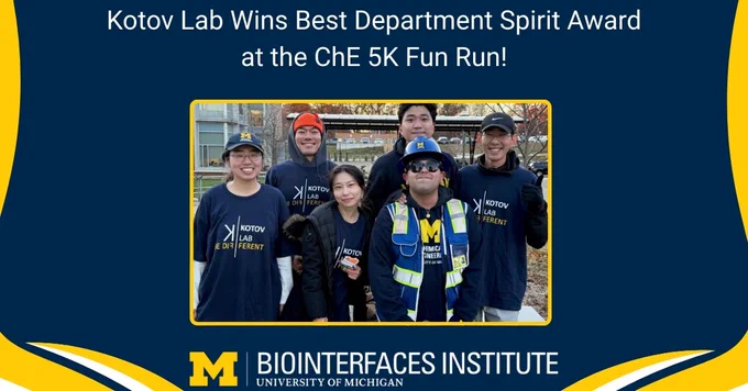 ALT Text:

Photo - Kotov Lab Celebrating

Words - Kotov Lab Wins Best Department Spirit Award at the ChE 5K Fun Run!