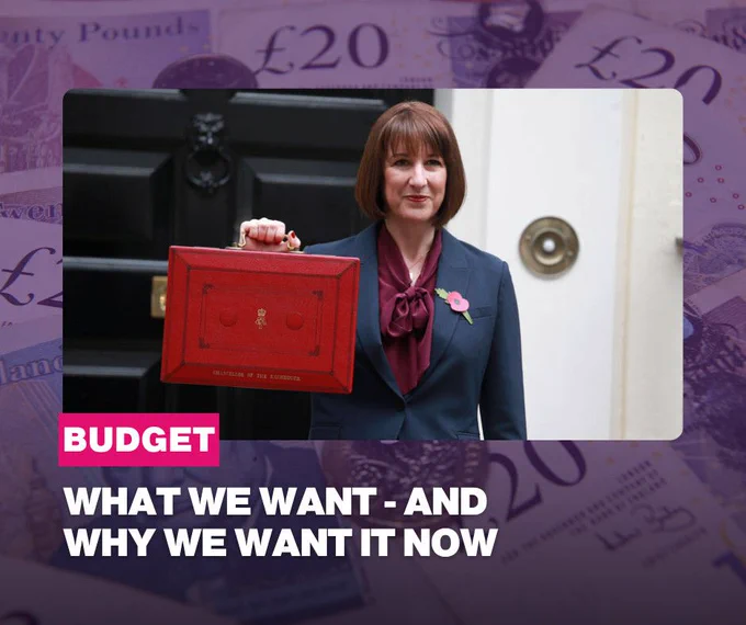 Photo of chancellor Rachel Reeves holding budget box. Budget: What we want - and why we want it.