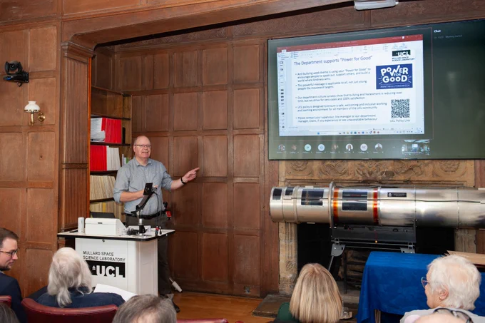 Prof. Andrew Fazakerley opening the UCL Dept Space & Climate Physics Award Ceremony by highlighting the departments support for Anti-Bullying Week and it's theme "Power for Good"