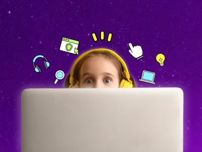 Person wearing yellow headphones working on a laptop with digital icons of a headset, magnifying glass, browser window, cursor, light bulb, and laptop floating above against a purple starry background.