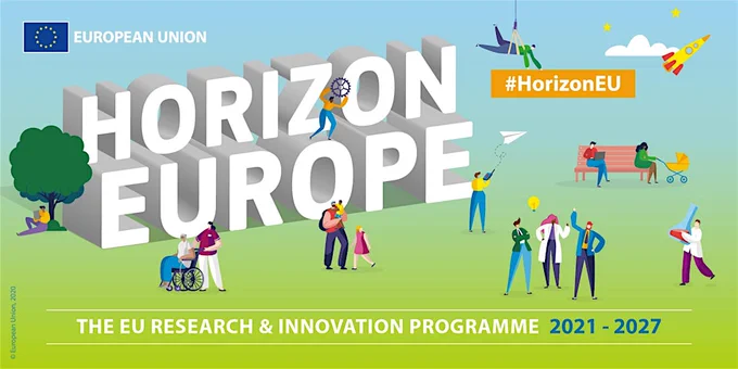 Promotional banner for the Horizon Europe program, featuring a colorful illustration of diverse individuals engaged in various activities like conducting research and using technology, set against a backdrop with trees, and a horizon with a rocket launch. Text states "The EU Research & Innovation Programme 2021-2027." #HorizonEU logo visible.