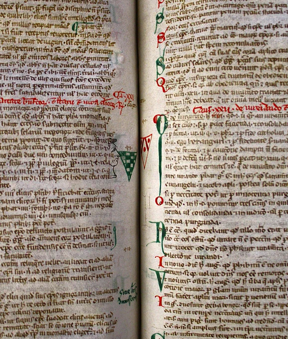 A man's face is doodled in the inner margin of this manuscript page. The shield next to the end of his nose is a green and white chequered design and the shield in the margin opposite has a red and white design with three roundels and a chevron .