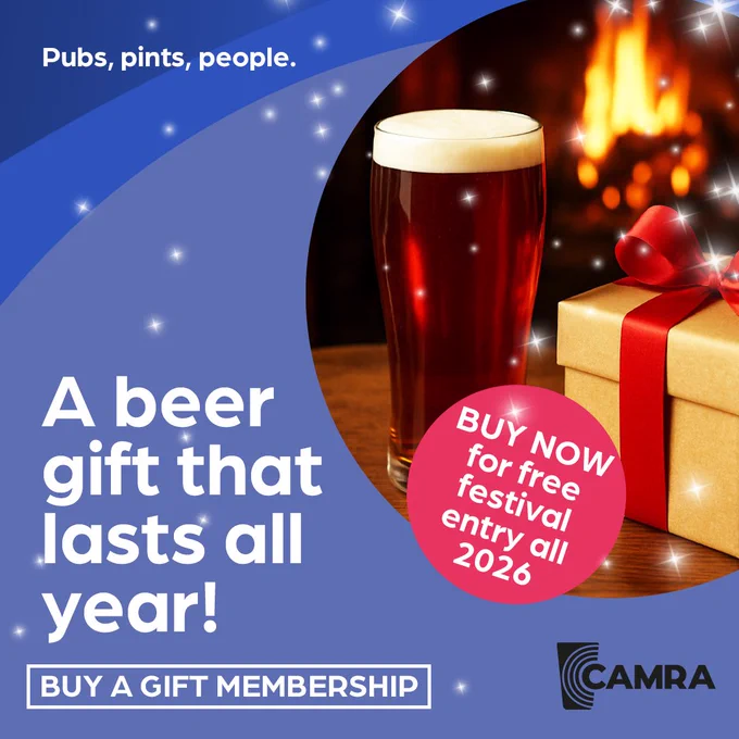 A CAMRA Christmas graphic that has a blue background with twinkling stars dotted all around. There is a pint of beer sat on a wooden table next to a brown gift box wrapped in a red bow. White text next to it says a beer gift that lasts all year. A black CAMRA logo is in the bottom right corner and in the top left white text says pubs pints people.