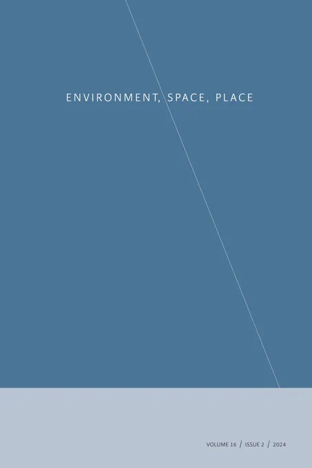 Cover for Environment, Space, Place 16.2. The journal's title is written on a blue background. A diagonal line cuts between the words "Environment" and "Space."
