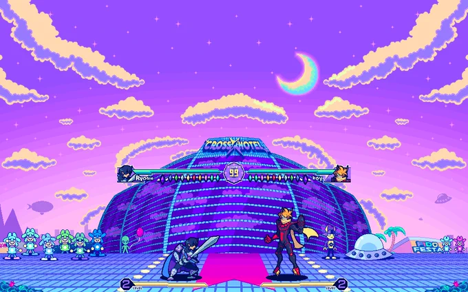 Mockup of the first stage made for the fighting game TERRACROSS: Showdown Against The Cosmos, depicting a fight between Ryonne and Troy.