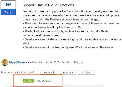 A feature request page titled "Support Dart in Cloud Functions" displays 869 votes and a blue "VOTE" button. The description details developer pain points due to Dart's current lack of support in Cloud Functions. The idea was shared by Miguel Ramos, pictured with short brown hair, glasses, and a slight smile, on Apr 24, 2023. A section asks "How important is this to you?", offering "Not at all", "Important", and "Critical" buttons, and indicates a green "STARTED" status with a target date of "Nov 24, 2025".