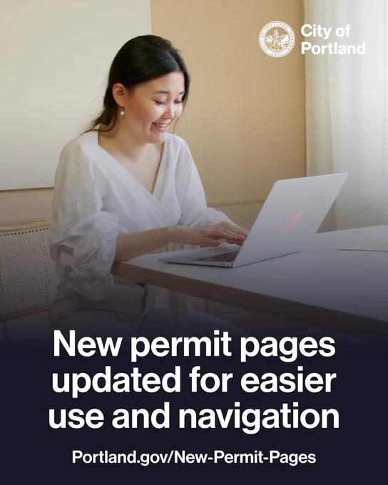 Person sitting at a table on their computer. New permit pages updated for easier use and navigation. Portland.gov/New-Permit-Pages. City of Portland seal and wordmark.