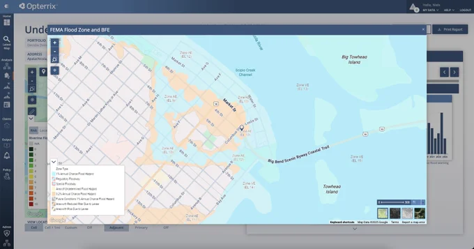 FEMA flood map for Apalachicola, Florida, visualized in the Opterrix Underwriting Module.