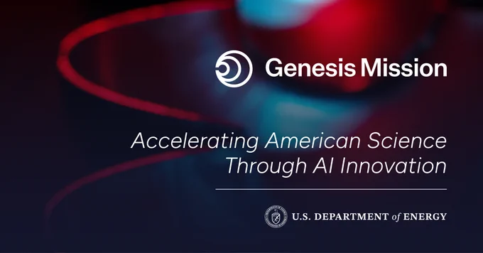 Graphic with the title ‘Genesis Mission’ and tagline ‘Accelerating American Science Through AI Innovation,’ featuring the U.S. Department of Energy logo on a dark, abstract background with red and blue lighting.