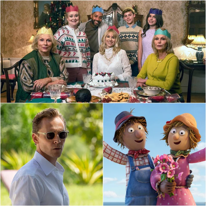 A collage of images featuring a group of people sitting around a dinner table set for Christmas in Amandaland, a pair of animated scarecrows from The Scarecrows' Wedding and a man in sunglasses, looking at something off screen in The Night Manager.