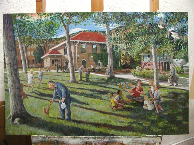 The same painting, now fully in vibrant colors that make the scene more lively.