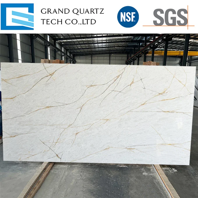 Backlit White Translucent Quartz Slabs with Gold Veining GQ-T478