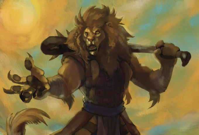 Rough painting of a lion man holding out his hand to you, he is powerful and mane blowing in the sun