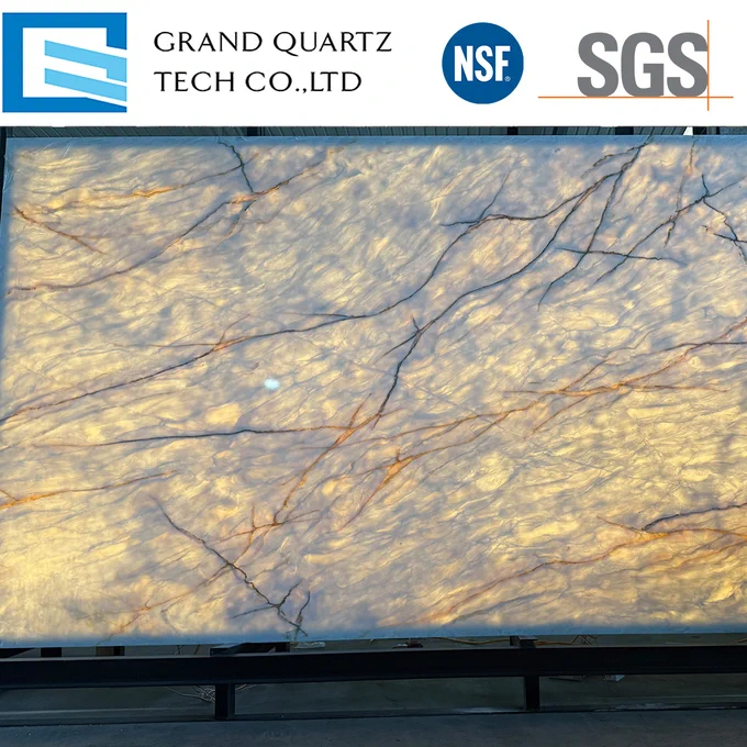 Backlit White Translucent Quartz Slabs with Gold Veining GQ-T478