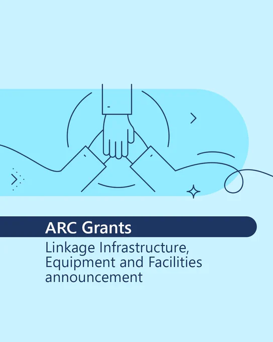 Illustration of three hands joining together in a handshake-like gesture inside a blue rounded rectangle, symbolising collaboration. Below the graphic, dark blue text reads: “ARC Grants” and smaller text underneath says: “Linkage Infrastructure, Equipment and Facilities announcement.” The background is light blue with minimal decorative line elements.