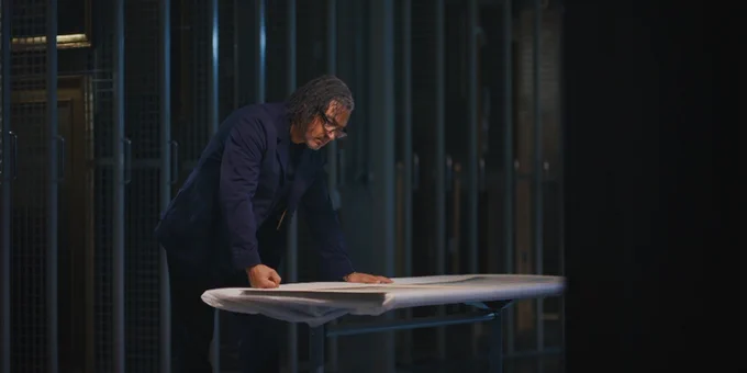 David Olusoga looking at paper on a table