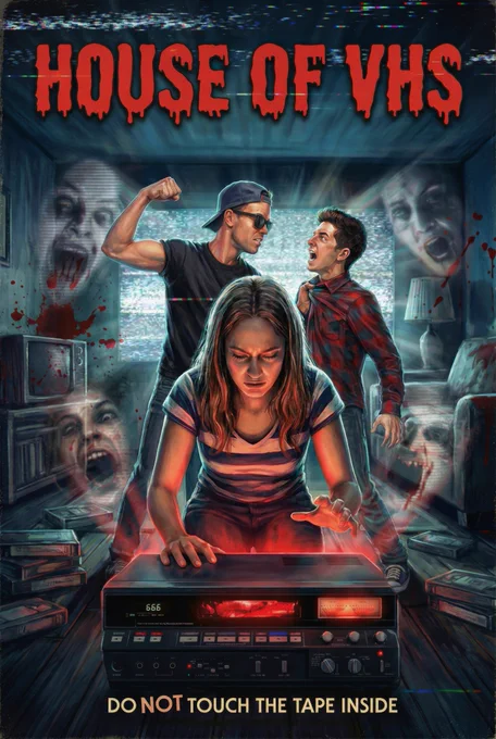Poster for the movie HOUSE OF VHS / GHOSTS IN THE MACHINE / REWIND OR DIE. A teenage girl leans above a VCR from which spirits are coming out. Above her, two young men are arguing loudly and one is about to hit the other. Tagline: Do NOT touch the tape inside
