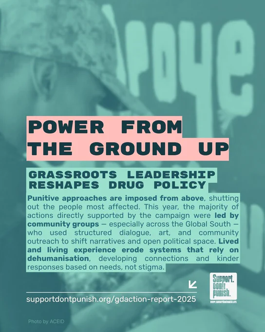 Text over photo background showing a young person with a cap meticulously painting a support don’t punish logo on a wall

Power from the ground up
Grassroots leadership reshapes drug policy
Punitive approaches are imposed from above, shutting out the people most affected. This year, the majority of actions directly supported by the campaign were led by community groups — especially across the Global South

