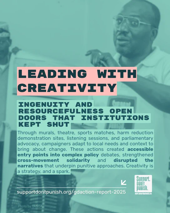 
Text over photo background showing a campaigner from Tanzania, who is wearing glasses, speaking with a microphone in his hand.

 Leading with creativity
Ingenuity and resourcefulness open doors that institutions kept shut

 Through murals, theatre, sports matches, harm reduction demonstration sites, listening sessions, and parliamentary advocacy, campaigners adapt to local needs and context to bring about change.