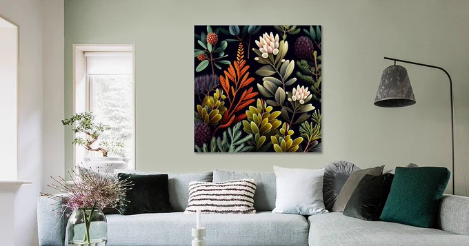 This image showcases a vibrant array of native flora, highlighting a diverse collection of alpine plants set against a deep, dark background. The composition features a harmonious blend of textures, colors, and forms, with plants varying in size, leaf shape, and flower structure.

In the foreground, clusters of round, pale flowers emerge from slender stems, contrasting beautifully with dark green foliage. Alongside them, bright orange and red leaves add a fiery burst of color, standing out sharply against the cool tones of surrounding evergreens and low-growing shrubs. These vivid elements create a striking visual balance between warm and cool hues.

The plants themselves exhibit adaptations typical of alpine species—thick, waxy leaves to retain moisture, needle-like foliage to withstand strong winds, and compact growth patterns that help conserve heat.  